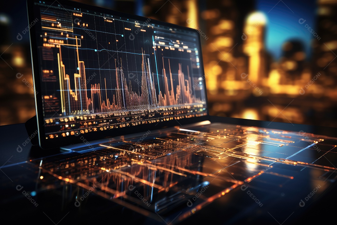 Diagramas de gráficos econômicos de segurança e financeiros em telas digitais Mercado de comércio mundial futuro e conceito econômico gerado por IA