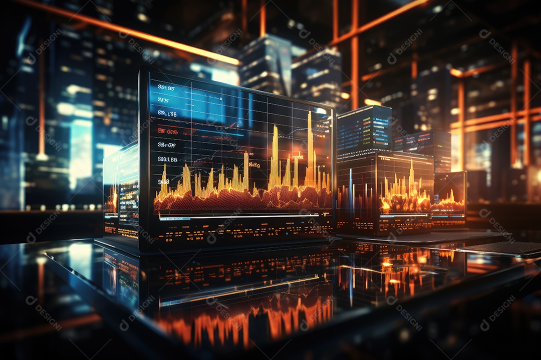 Diagramas de gráficos econômicos de segurança e financeiros em telas digitais Mercado de comércio mundial futuro e conceito econômico gerado por IA