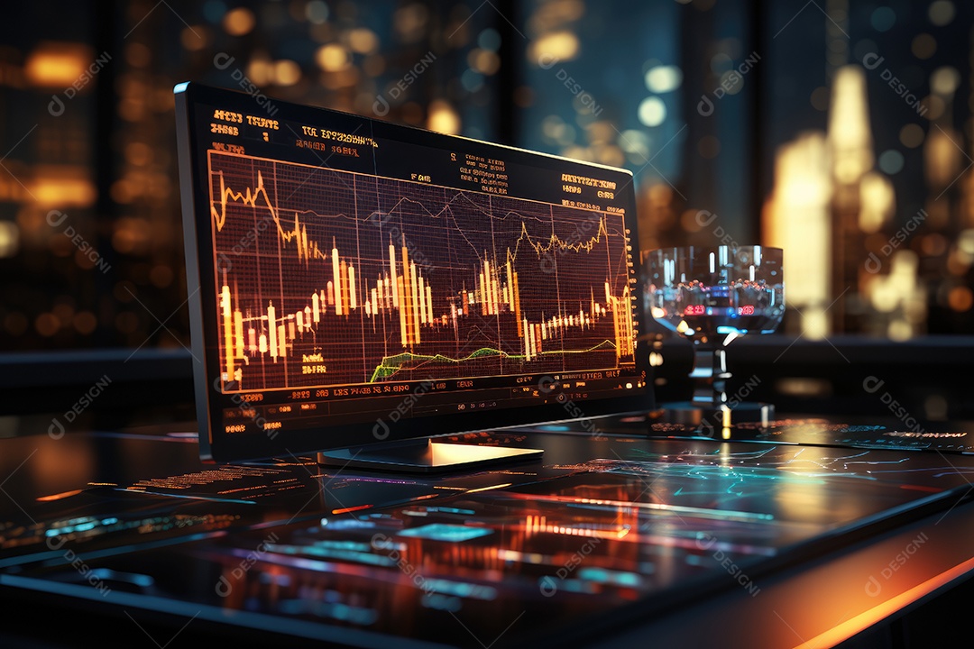 Diagramas de gráficos econômicos de segurança e financeiros em telas digitais Mercado de comércio mundial futuro e conceito econômico gerado por IA