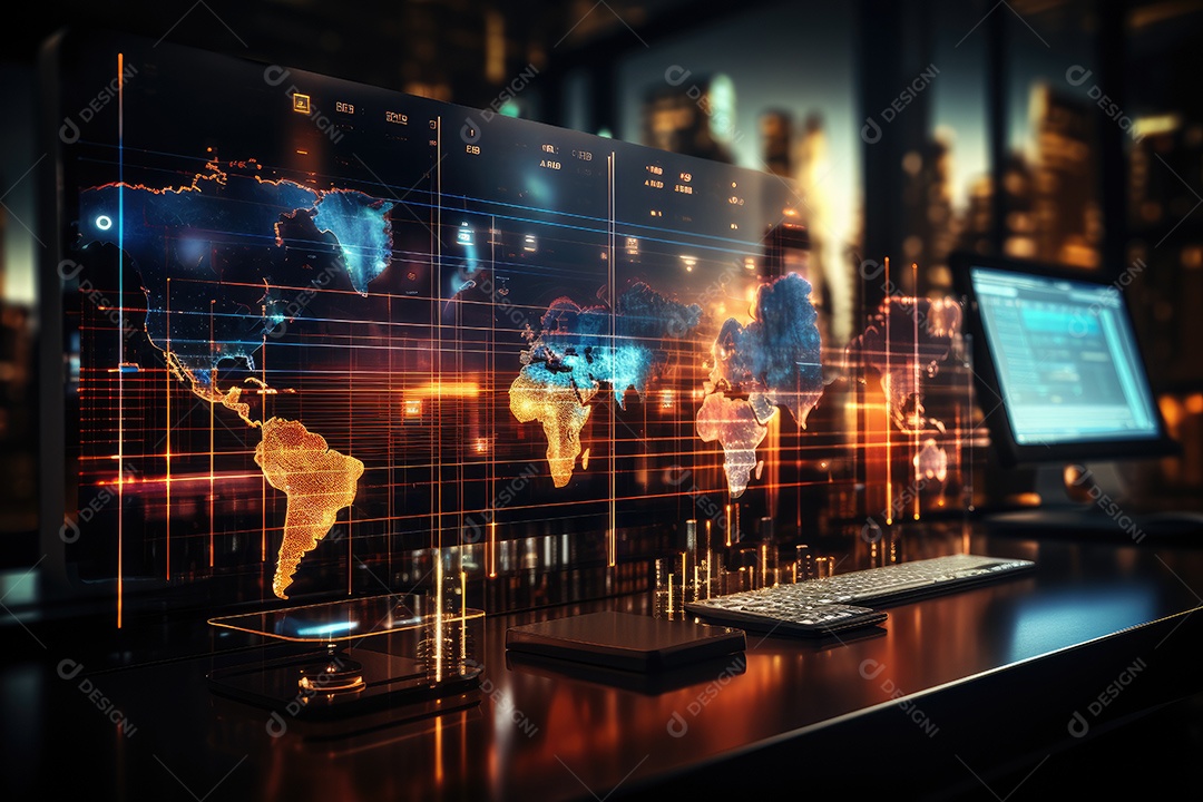 Diagramas de gráficos econômicos de segurança e financeiros em telas digitais Mercado de comércio mundial futuro e conceito econômico gerado por IA