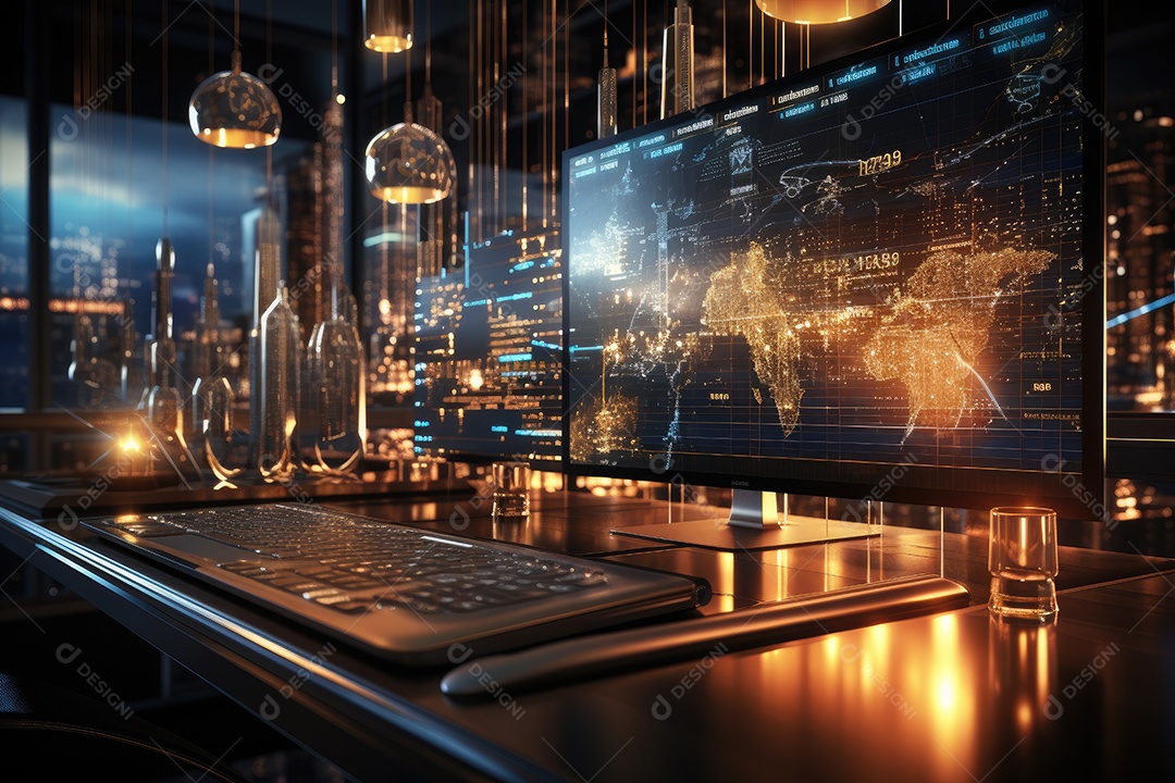 Diagramas de gráficos econômicos de segurança e financeiros em telas digitais Mercado de comércio mundial futuro e conceito econômico gerado por IA