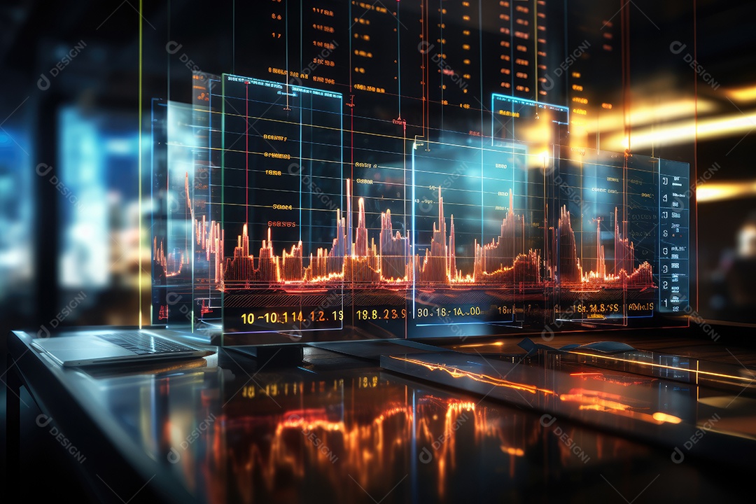 Diagramas de gráficos econômicos de segurança e financeiros em telas digitais Mercado de comércio mundial futuro e conceito econômico gerado por IA