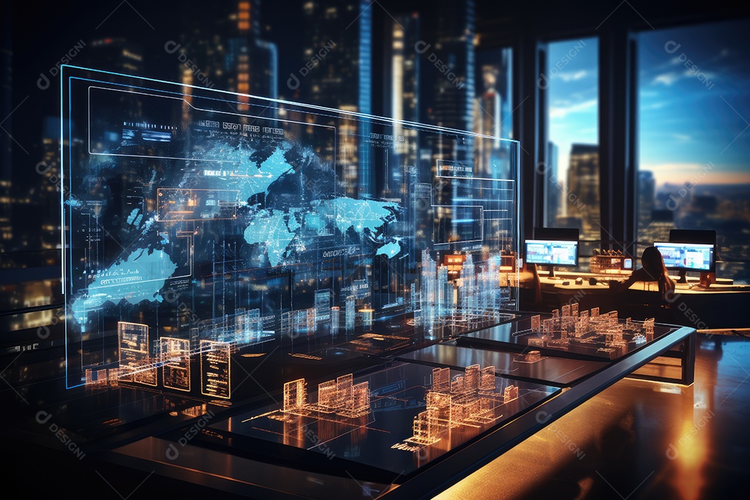 Diagramas de gráficos econômicos de segurança e financeiros em telas digitais Mercado de comércio mundial futuro e conceito econômico gerado por IA