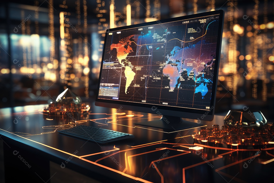 Diagramas de gráficos econômicos de segurança e financeiros em telas digitais Mercado de comércio mundial futuro e conceito econômico gerado por IA
