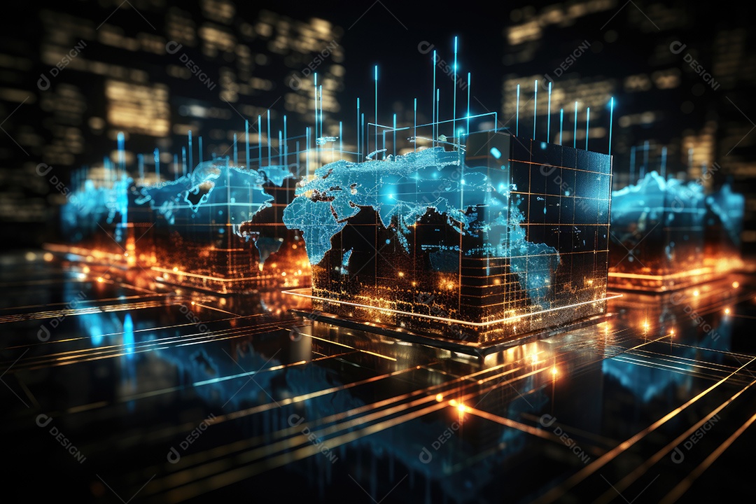 Diagramas de gráficos econômicos de segurança e financeiros em telas digitais Mercado de comércio mundial futuro e conceito econômico gerado por IA