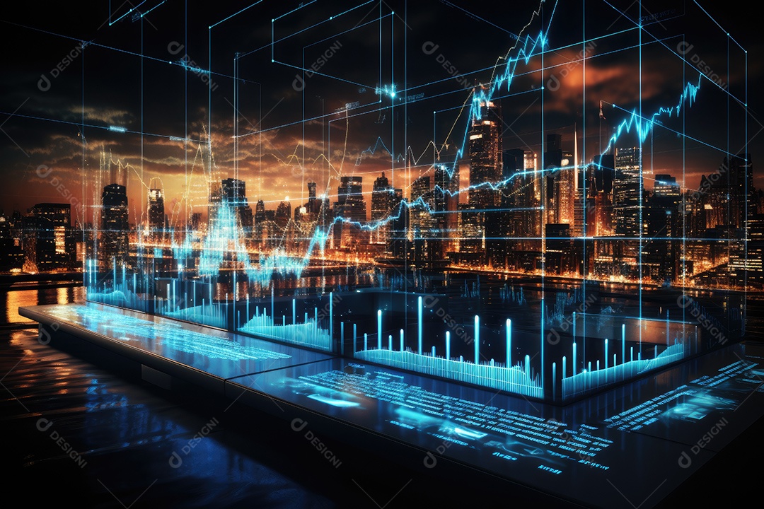 Diagramas de gráficos econômicos de segurança e financeiros em telas digitais Mercado de comércio mundial futuro e conceito econômico gerado por IA