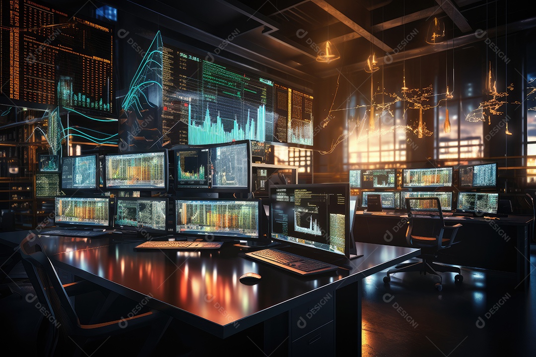 Diagramas de gráficos econômicos de segurança e financeiros em telas digitais Mercado de comércio mundial futuro e conceito econômico gerado por IA