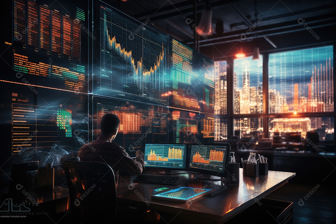 Diagramas de gráficos econômicos de segurança e financeiros em telas digitais Mercado de comércio mundial futuro e conceito econômico gerado por IA