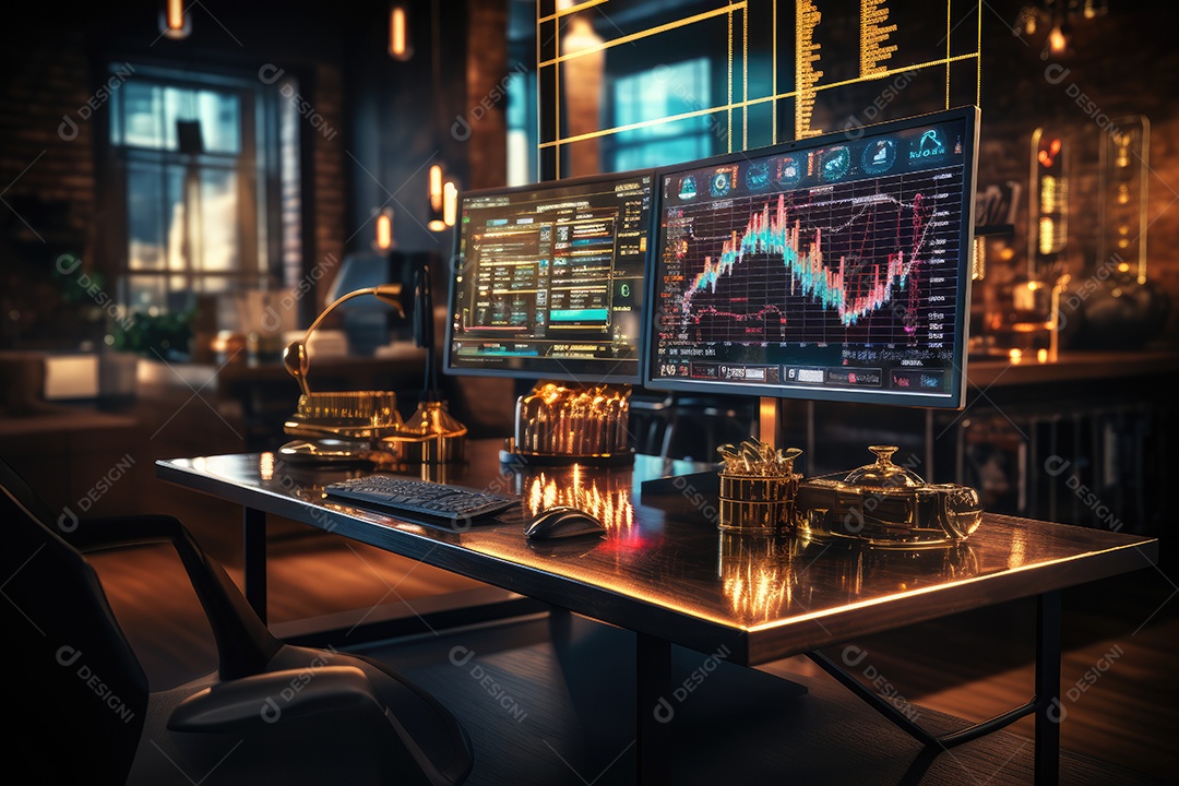 Diagramas de gráficos econômicos de segurança e financeiros em telas digitais Mercado de comércio mundial futuro e conceito econômico gerado por IA