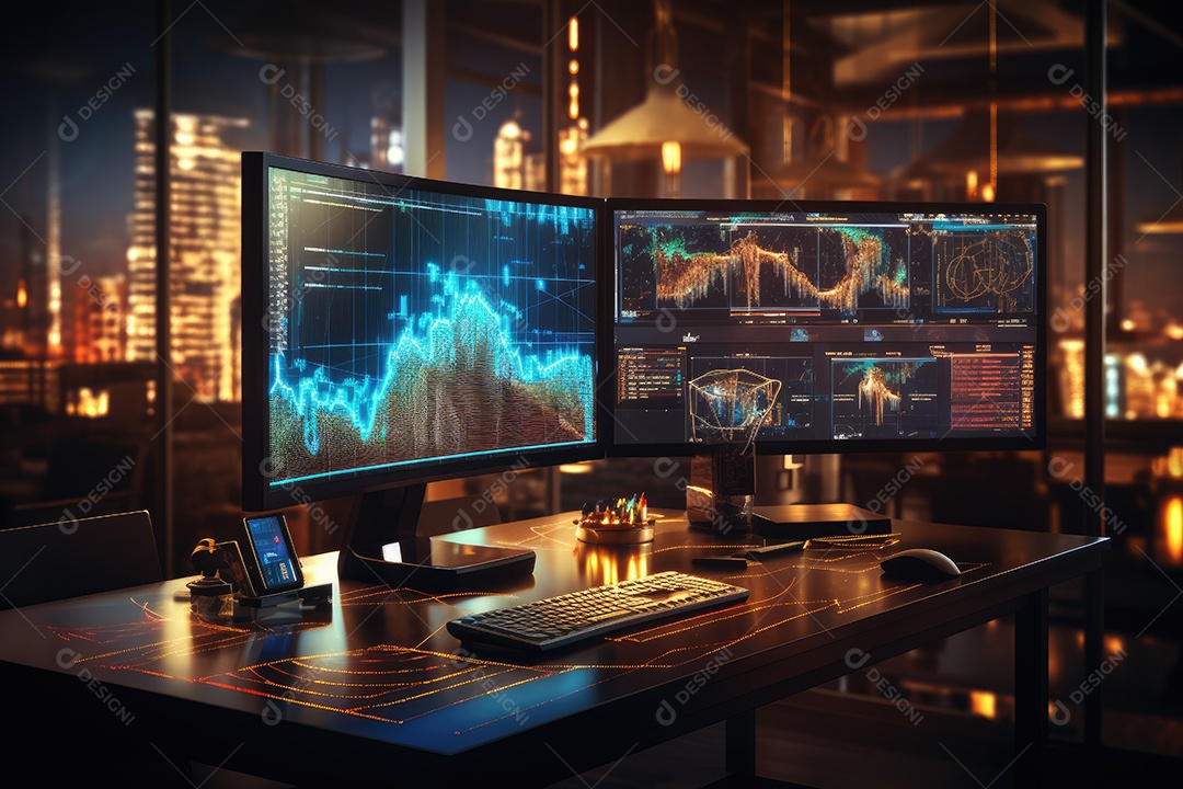 Diagramas de gráficos econômicos de segurança e financeiros em telas digitais Mercado de comércio mundial futuro e conceito econômico gerado por IA
