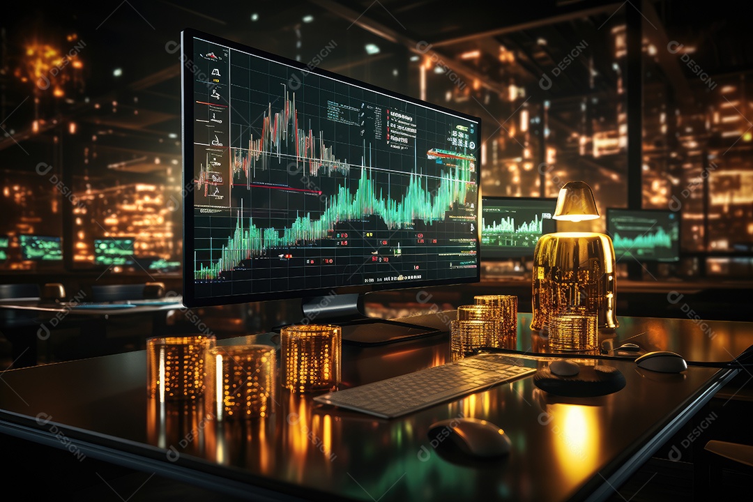 Diagramas de gráficos econômicos de segurança e financeiros em telas digitais Mercado de comércio mundial futuro e conceito econômico gerado por IA