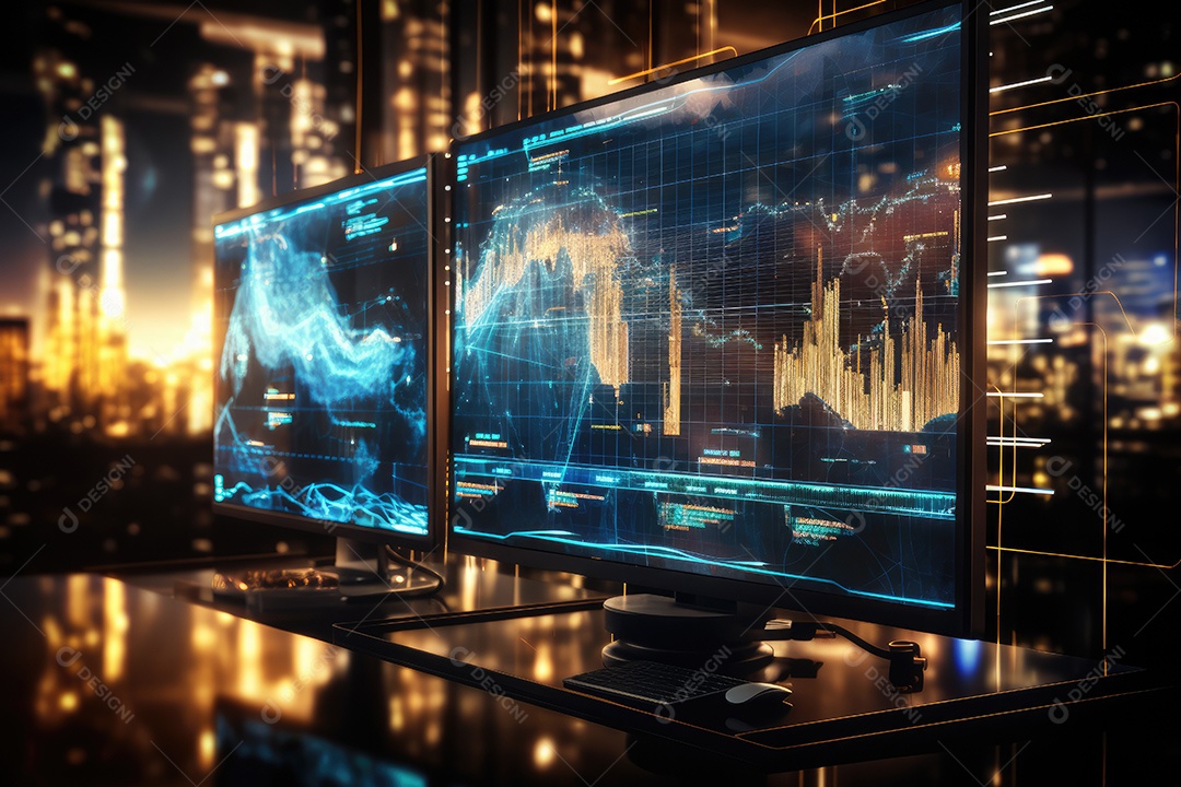 Diagramas de gráficos econômicos de segurança e financeiros em telas digitais Mercado de comércio mundial futuro e conceito econômico gerado por IA