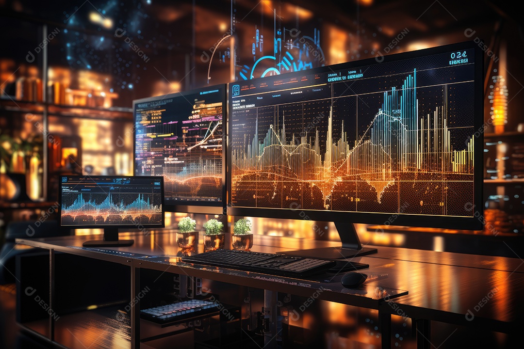 Diagramas de gráficos econômicos de segurança e financeiros em telas digitais Mercado de comércio mundial futuro e conceito econômico gerado por IA