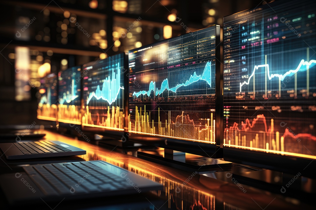 Diagramas de gráficos econômicos de segurança e financeiros em telas digitais Mercado de comércio mundial futuro e conceito econômico gerado por IA