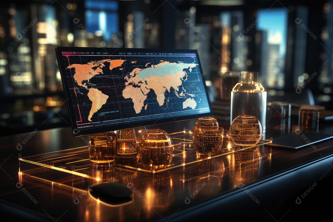 Diagramas de gráficos econômicos de segurança e financeiros em telas digitais Mercado de comércio mundial futuro e conceito econômico gerado por IA