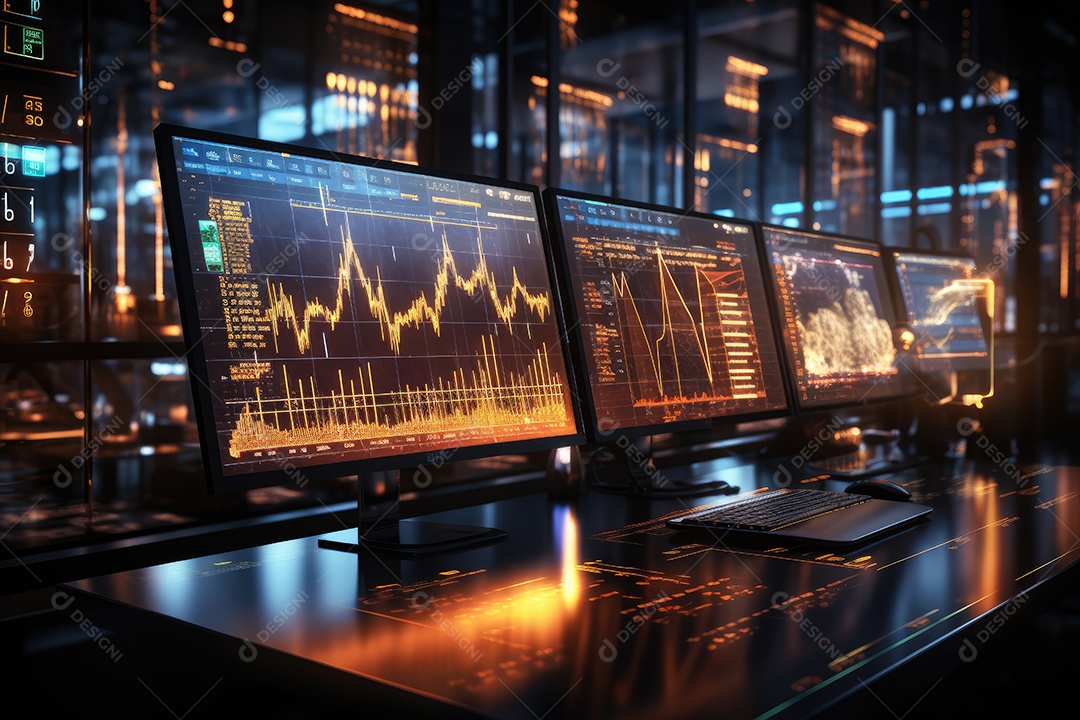 Diagramas de gráficos econômicos de segurança e financeiros em telas digitais Mercado de comércio mundial futuro e conceito econômico gerado por IA