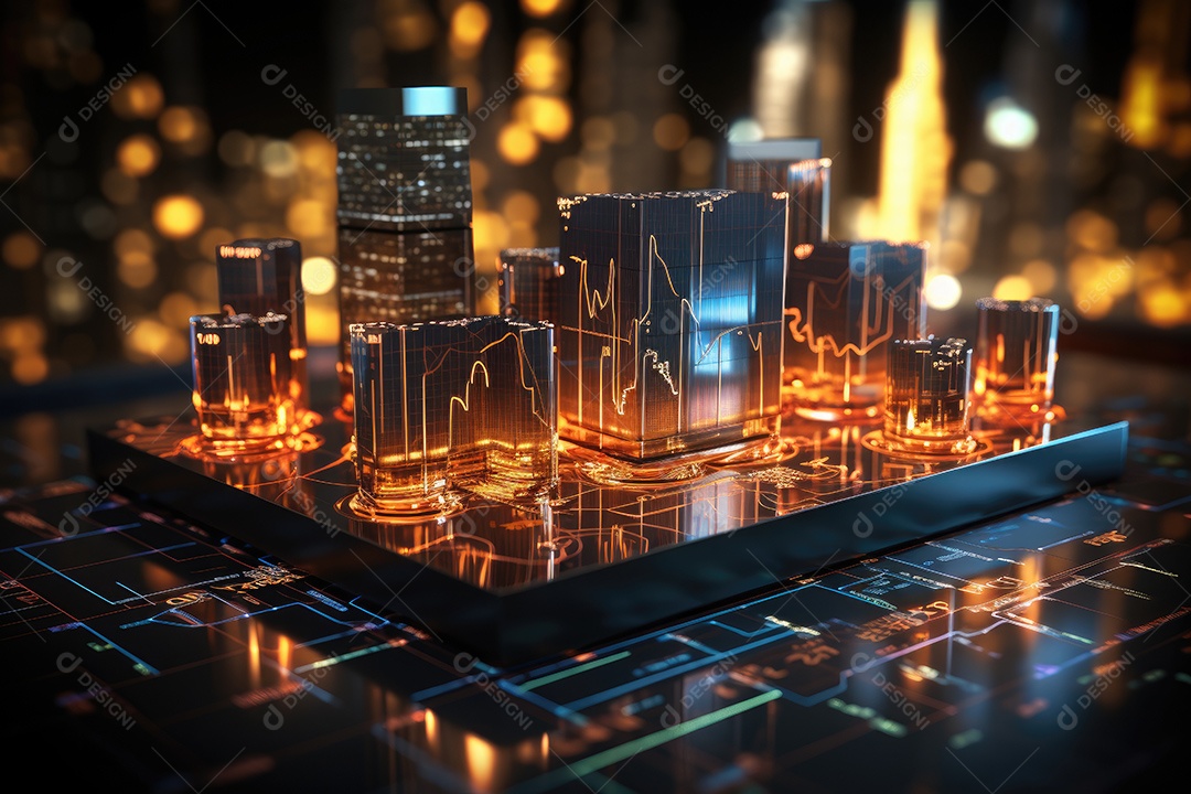 Diagramas de gráficos econômicos de segurança e financeiros em telas digitais Mercado de comércio mundial futuro e conceito econômico gerado por IA