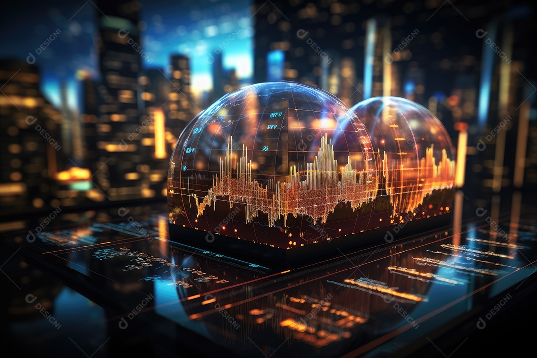 Diagramas de gráficos econômicos de segurança e financeiros em telas digitais Mercado de comércio mundial futuro e conceito econômico gerado por IA