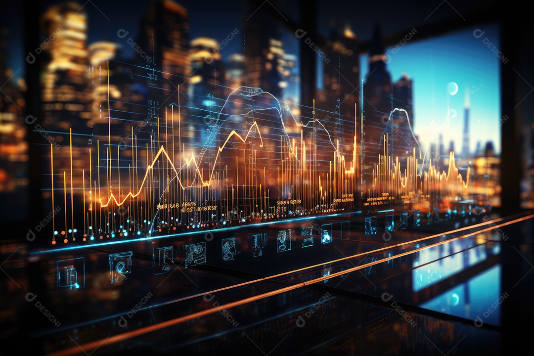 Diagramas de gráficos econômicos de segurança e financeiros em telas digitais Mercado de comércio mundial futuro e conceito econômico gerado por IA