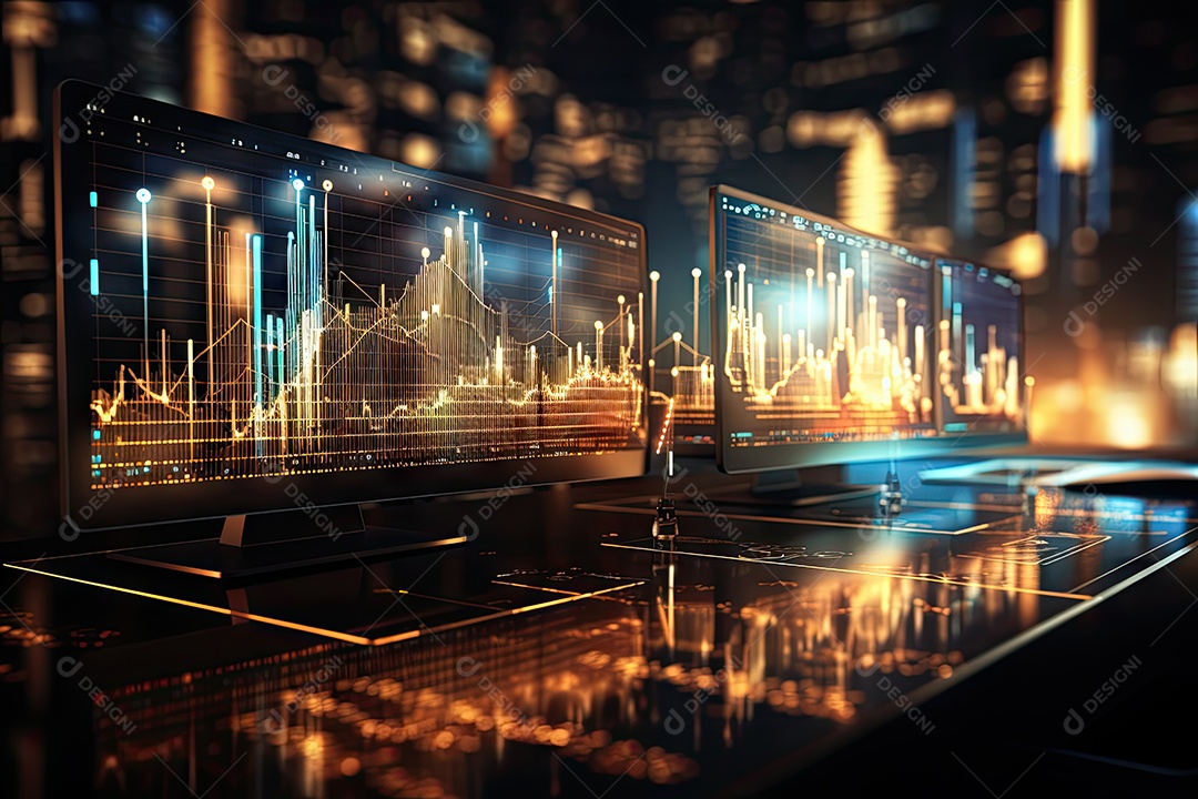 Diagramas de gráficos econômicos de segurança e financeiros em telas digitais Mercado de comércio mundial futuro e conceito econômico gerado por IA