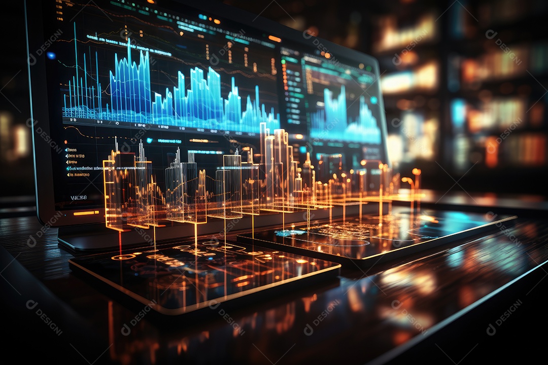 Diagramas de gráficos econômicos de segurança e financeiros em telas digitais Mercado de comércio mundial futuro e conceito econômico gerado por IA
