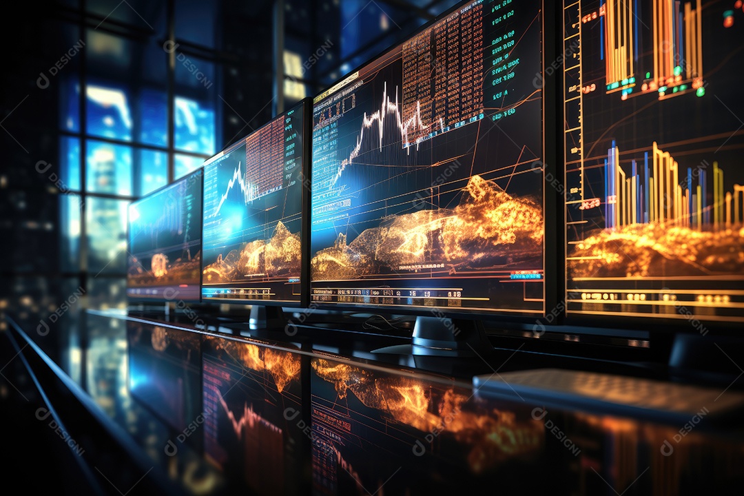 Diagramas de gráficos econômicos de segurança e financeiros em telas digitais Mercado de comércio mundial futuro e conceito econômico gerado por IA