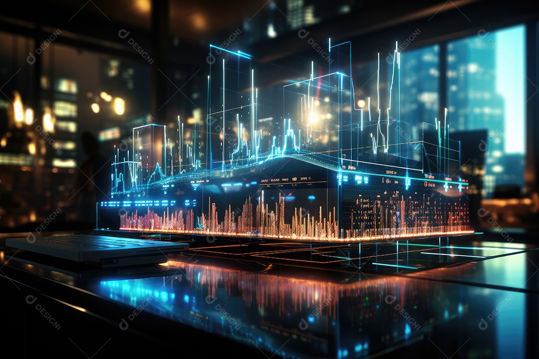 Diagramas de gráficos econômicos de segurança e financeiros em telas digitais Mercado de comércio mundial futuro e conceito econômico gerado por IA