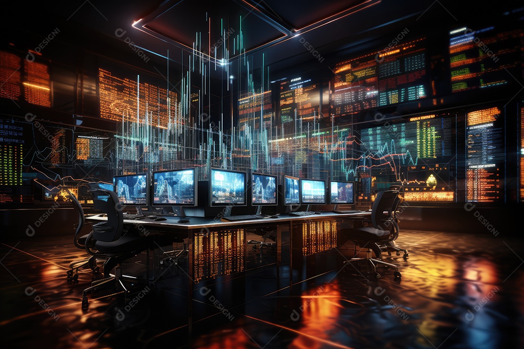 Diagramas de gráficos econômicos de segurança e financeiros em telas digitais Mercado de comércio mundial futuro e conceito econômico gerado por IA