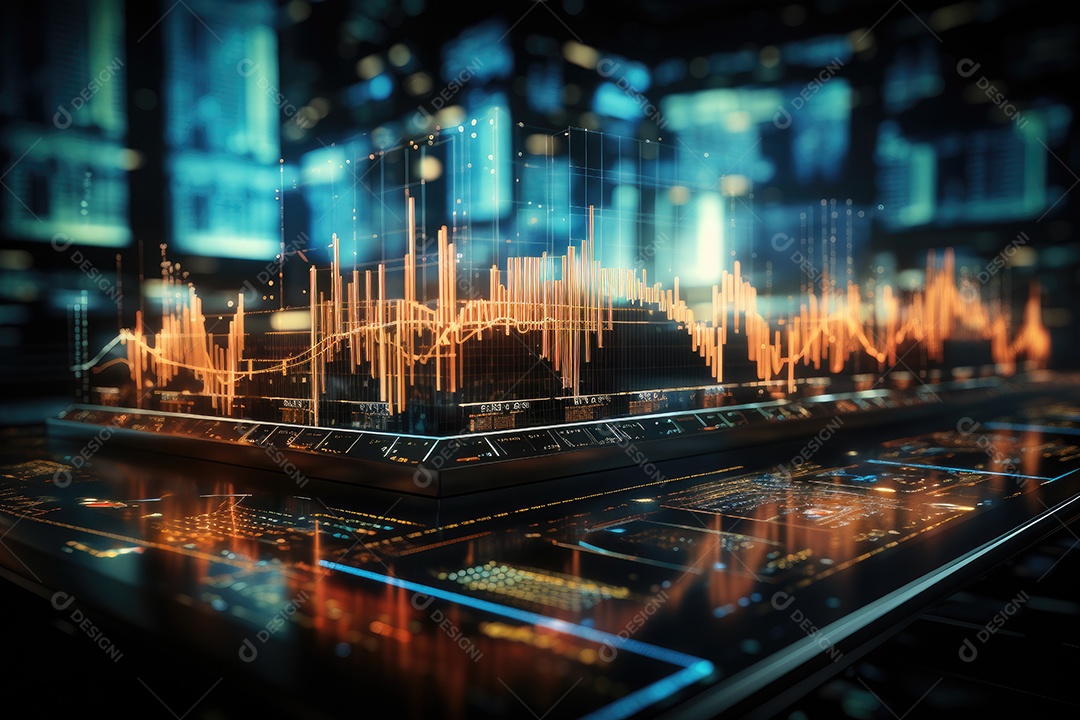 Diagramas de gráficos econômicos de segurança e financeiros em telas digitais Mercado de comércio mundial futuro e conceito econômico gerado por IA