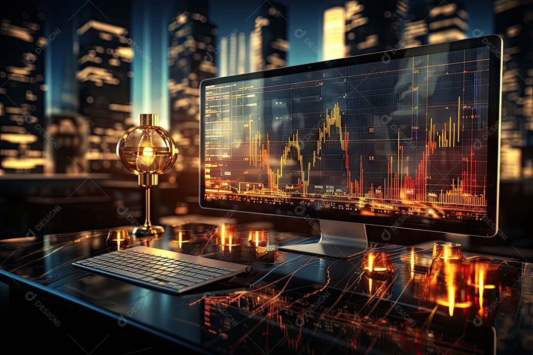 Diagramas de gráficos econômicos de segurança e financeiros em telas digitais Mercado de comércio mundial futuro e conceito econômico gerado por IA