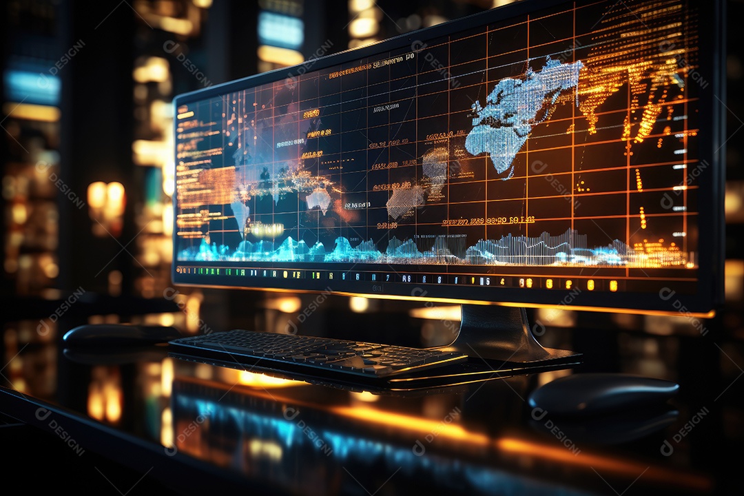 Diagramas de gráficos econômicos de segurança e financeiros em telas digitais Mercado de comércio mundial futuro e conceito econômico gerado por IA