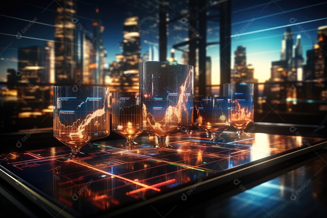 Diagramas de gráficos econômicos de segurança e financeiros em telas digitais Mercado de comércio mundial futuro e conceito econômico gerado por IA