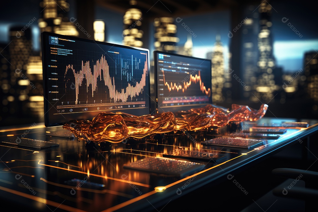 Diagramas de gráficos econômicos de segurança e financeiros em telas digitais Mercado de comércio mundial futuro e conceito econômico gerado por IA