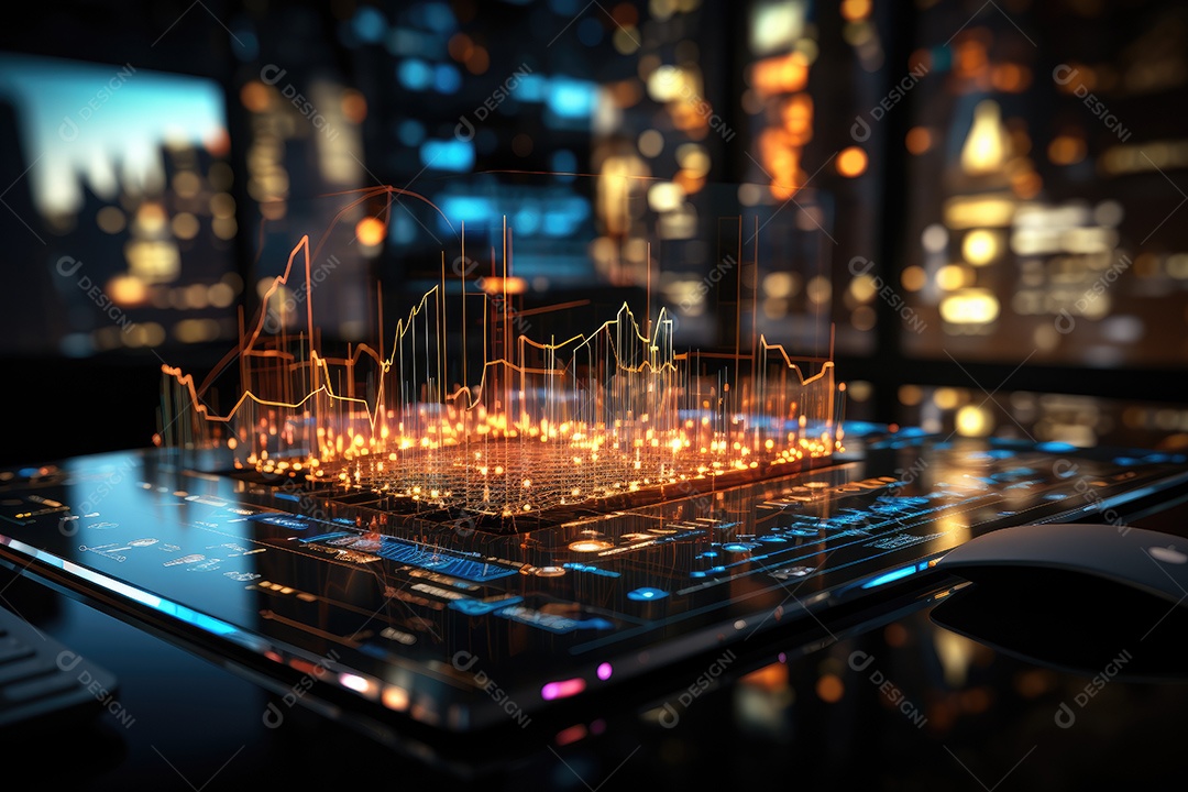 Diagramas de gráficos econômicos de segurança e financeiros em telas digitais Mercado de comércio mundial futuro e conceito econômico gerado por IA