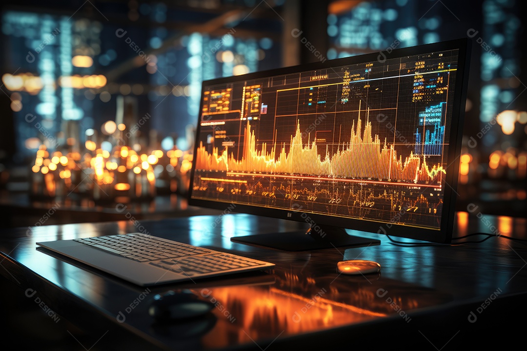 Diagramas de gráficos econômicos de segurança e financeiros em telas digitais Mercado de comércio mundial futuro e conceito econômico gerado por IA