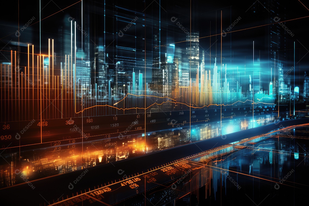 Diagramas de gráficos econômicos de segurança e financeiros em telas digitais Mercado de comércio mundial futuro e conceito econômico gerado por IA