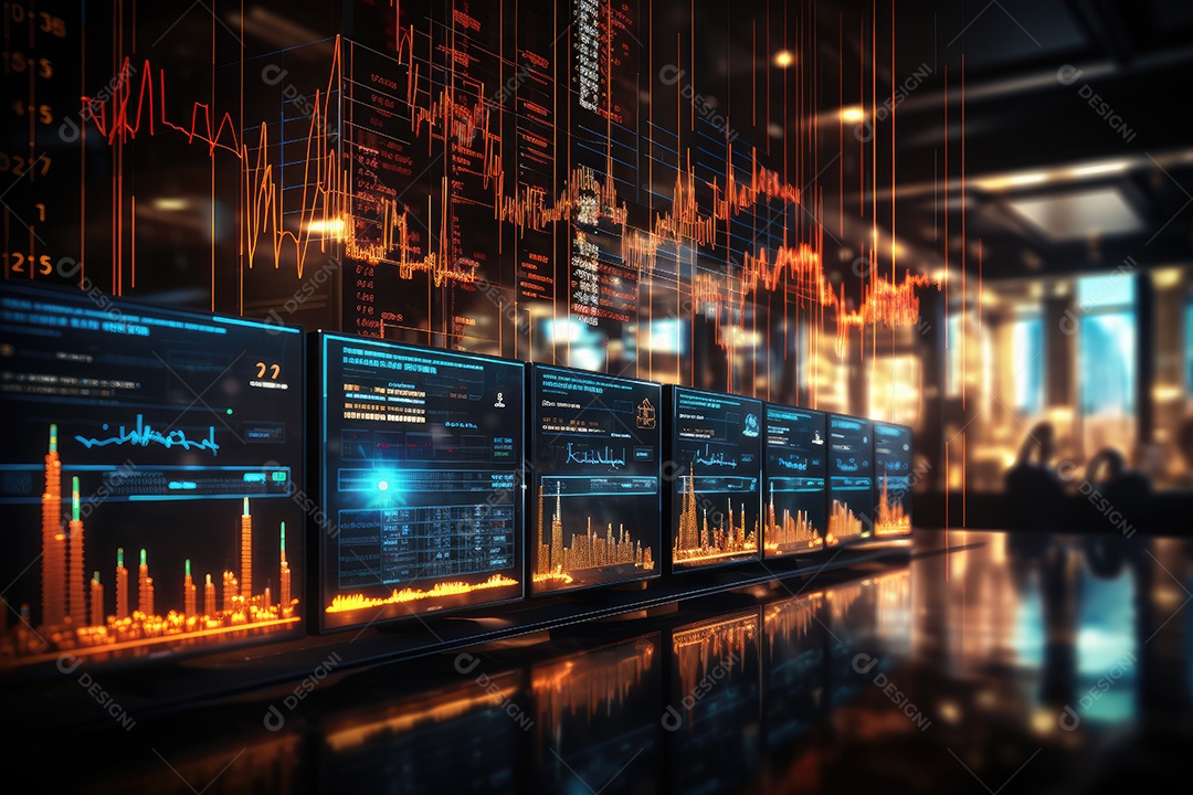 Diagramas de gráficos econômicos de segurança e financeiros em telas digitais Mercado de comércio mundial futuro e conceito econômico gerado por IA