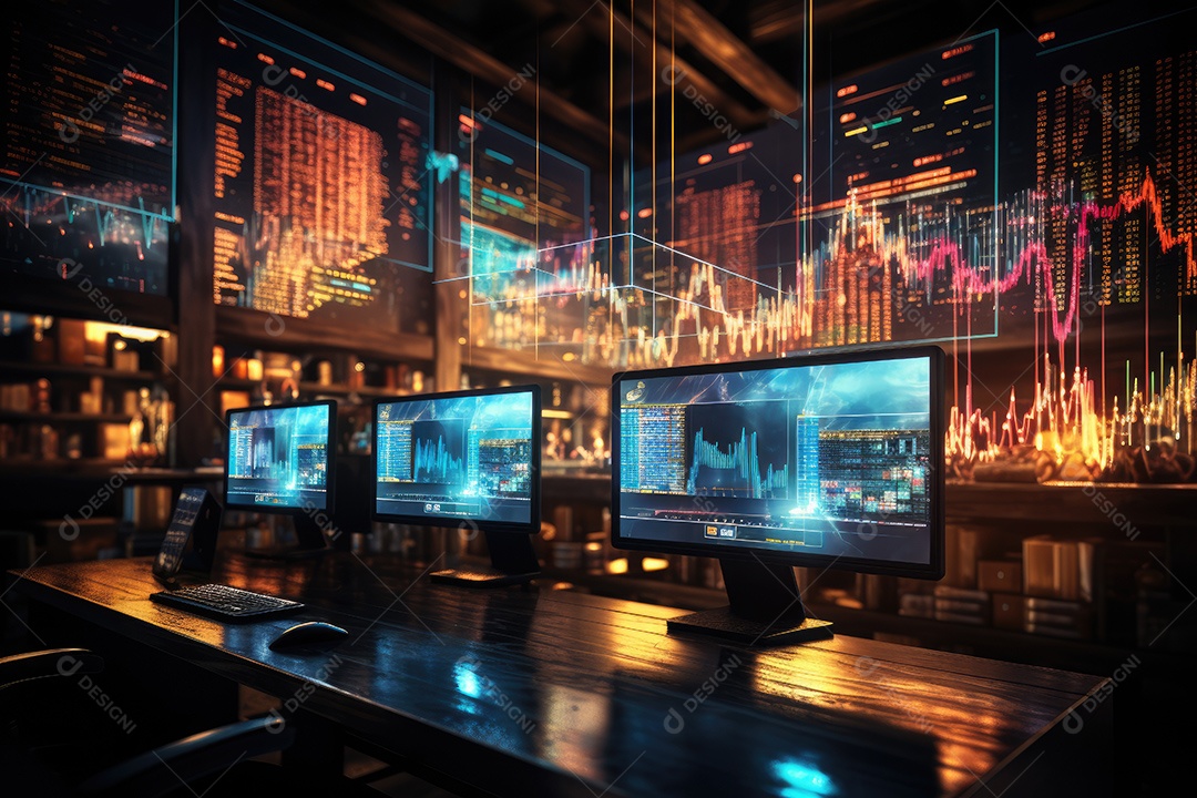 Diagramas de gráficos econômicos de segurança e financeiros em telas digitais Mercado de comércio mundial futuro e conceito econômico gerado por IA