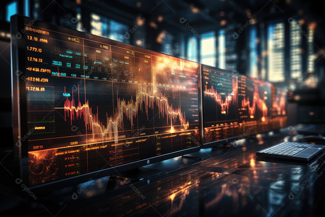 Diagramas de gráficos econômicos de segurança e financeiros em telas digitais Mercado de comércio mundial futuro e conceito econômico gerado por IA