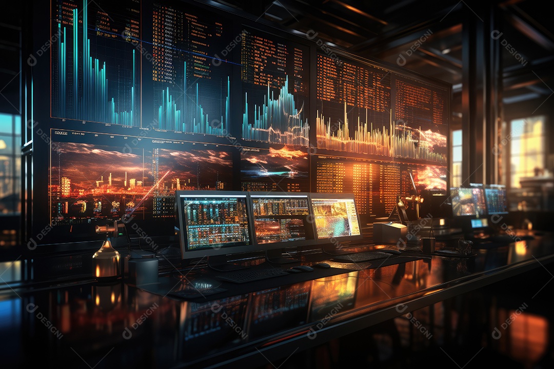 Diagramas de gráficos econômicos de segurança e financeiros em telas digitais Mercado de comércio mundial futuro e conceito econômico gerado por IA