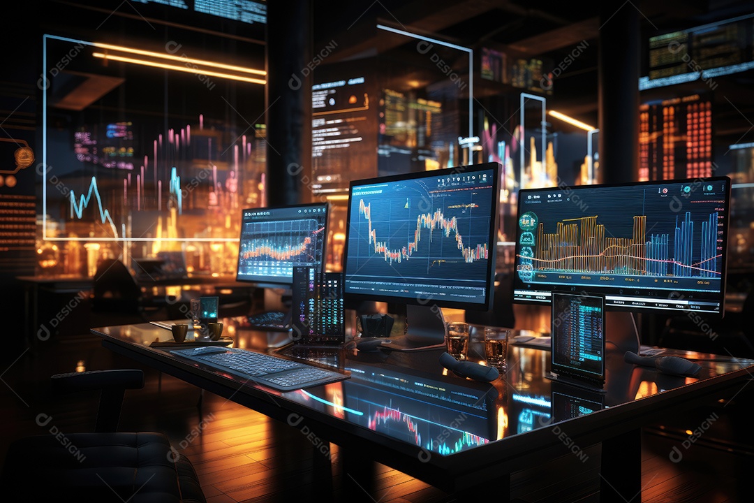 Diagramas de gráficos econômicos de segurança e financeiros em telas digitais Mercado de comércio mundial futuro e conceito econômico gerado por IA