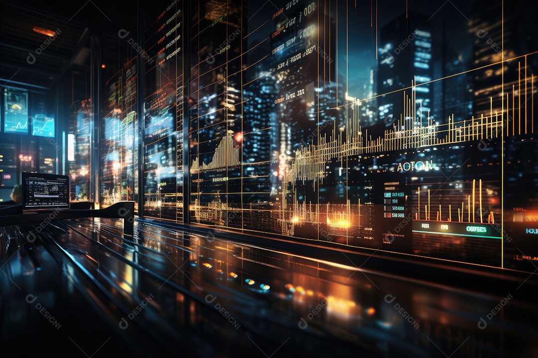 Diagramas de gráficos econômicos de segurança e financeiros em telas digitais Mercado de comércio mundial futuro e conceito econômico gerado por IA