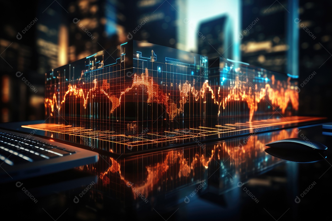 Diagramas de gráficos econômicos de segurança e financeiros em telas digitais Mercado de comércio mundial futuro e conceito econômico gerado por IA