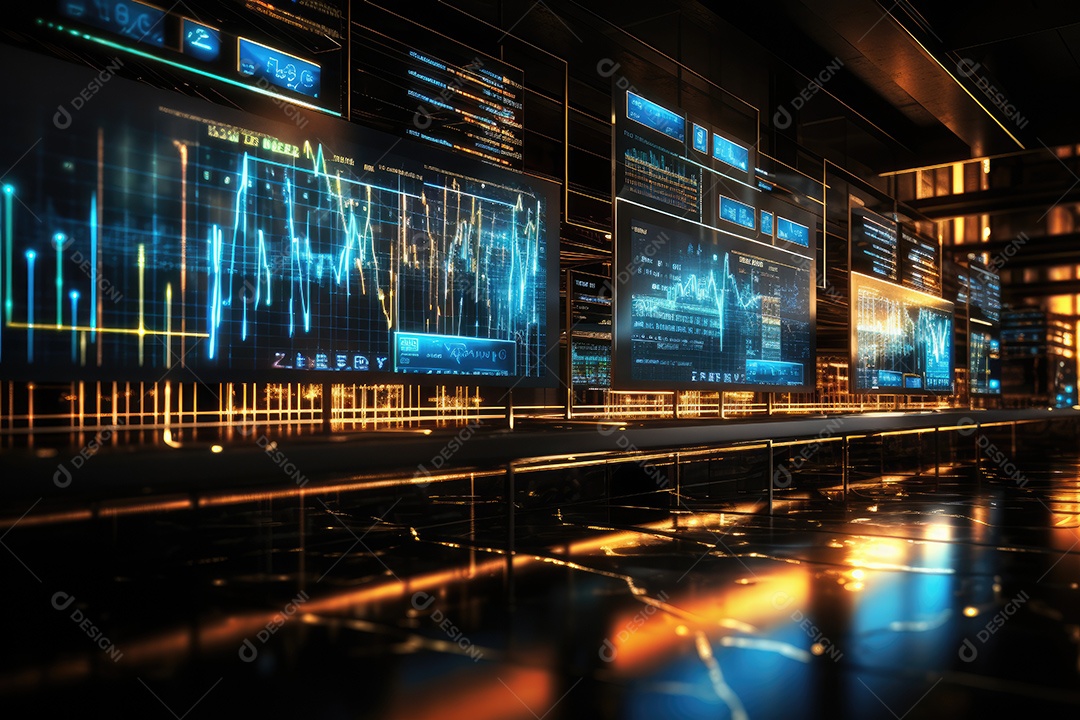Diagramas de gráficos econômicos de segurança e financeiros em telas digitais Mercado de comércio mundial futuro e conceito econômico gerado por IA