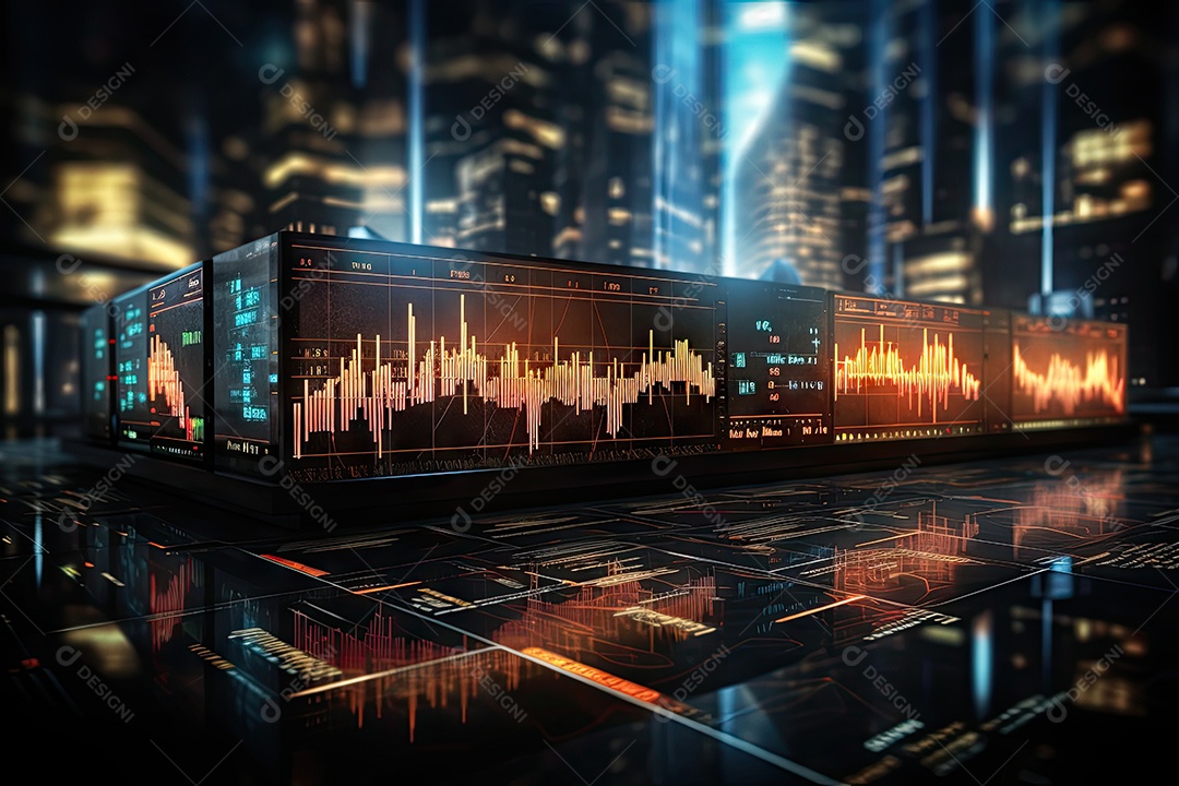 Diagramas de gráficos econômicos de segurança e financeiros em telas digitais Mercado de comércio mundial futuro e conceito econômico gerado por IA