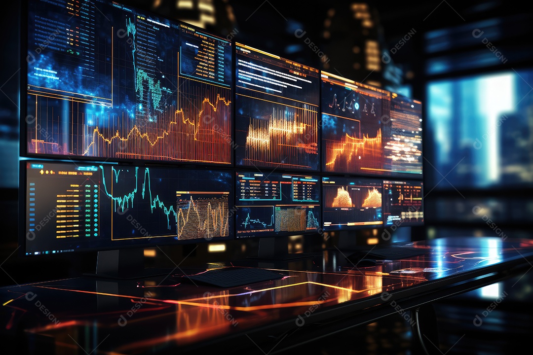 Diagramas de gráficos econômicos de segurança e financeiros em telas digitais Mercado de comércio mundial futuro e conceito econômico gerado por IA