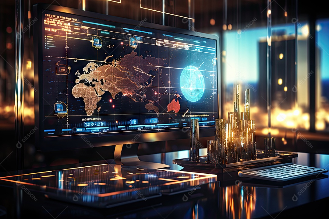 Diagramas de gráficos econômicos de segurança e financeiros em telas digitais Mercado de comércio mundial futuro e conceito econômico gerado por IA