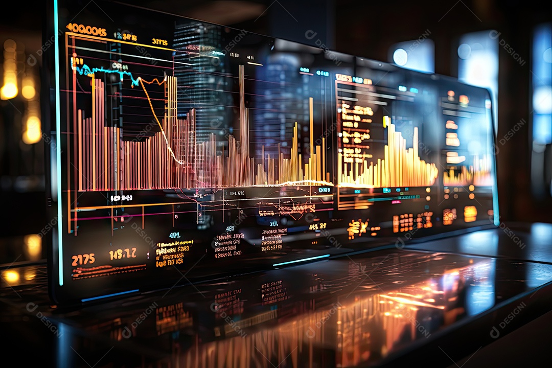 Diagramas de gráficos econômicos de segurança e financeiros em telas digitais Mercado de comércio mundial futuro e conceito econômico gerado por IA