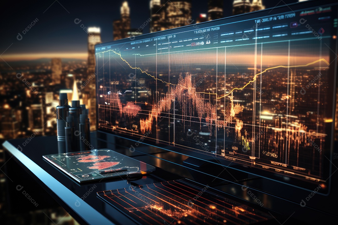 Diagramas de gráficos econômicos de segurança e financeiros em telas digitais Mercado de comércio mundial futuro e conceito econômico gerado por IA
