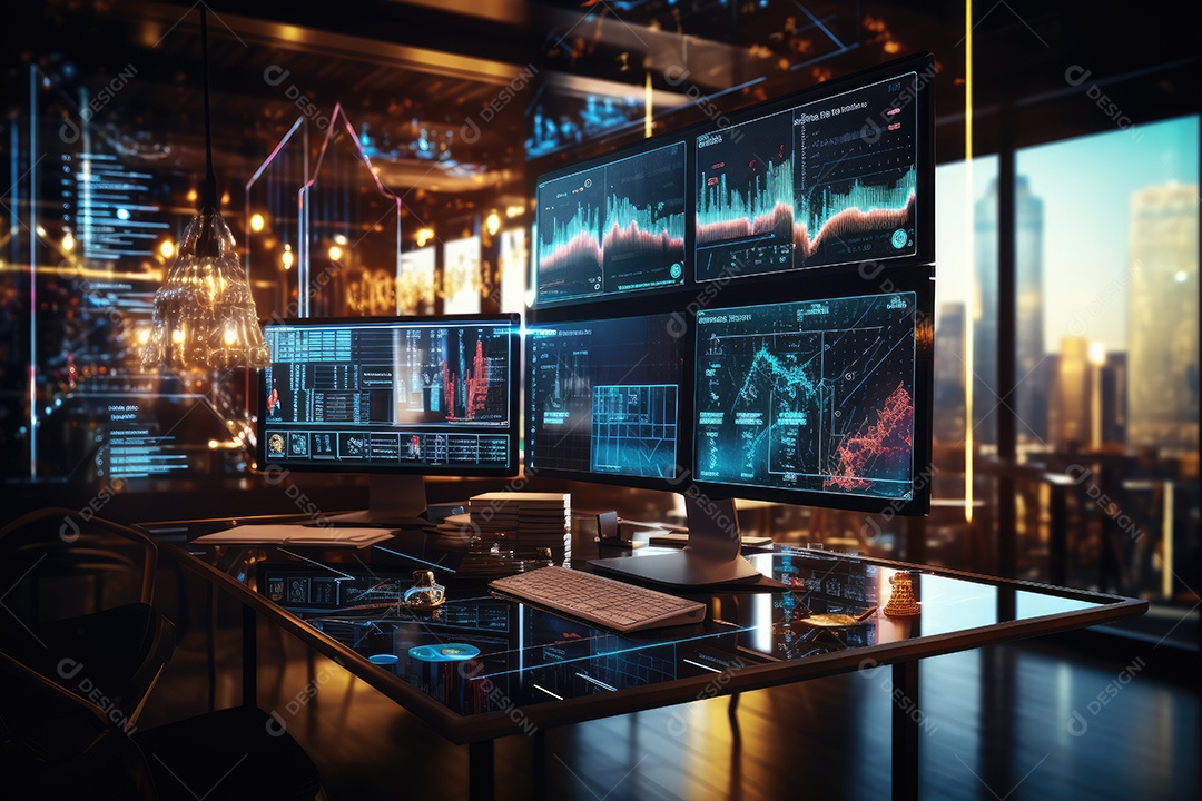 Diagramas de gráficos econômicos de segurança e financeiros em telas digitais Mercado de comércio mundial futuro e conceito econômico gerado por IA